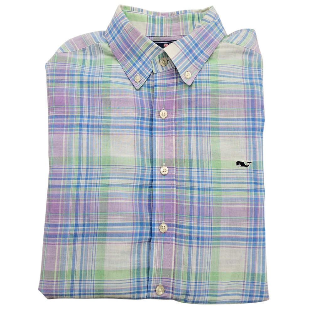 Vineyard Vines Shirt Mens Large Slim Fit Whale Blue Yellow Pastel Plaid Spring